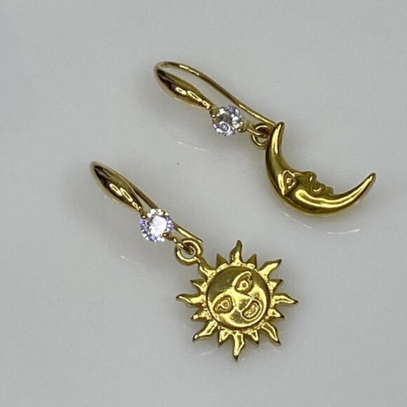 Gold Sun & Moon Earrings Stainless Steel Cubic Zirconia Earwires - Picture 2 of 5